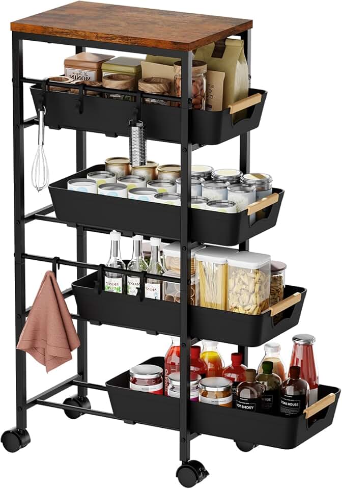 Slim 5-Tier Wooden Top Storage Cart with Wheels