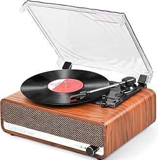 Vintage Wooden Brown Vinyl Record Player with Speakers