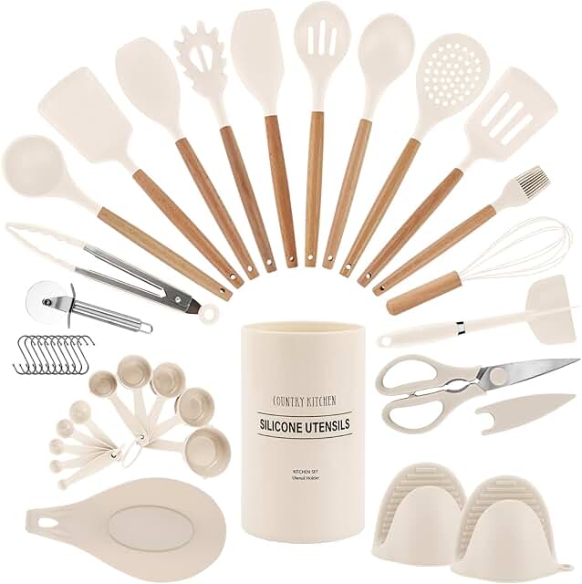 38-Piece Non-Stick Silicone Utensil Set with Wooden Handles