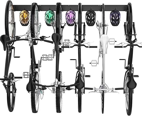 Wall-Mounted Bike Storage Rack with Hooks, 6 Bikes, 64-inch