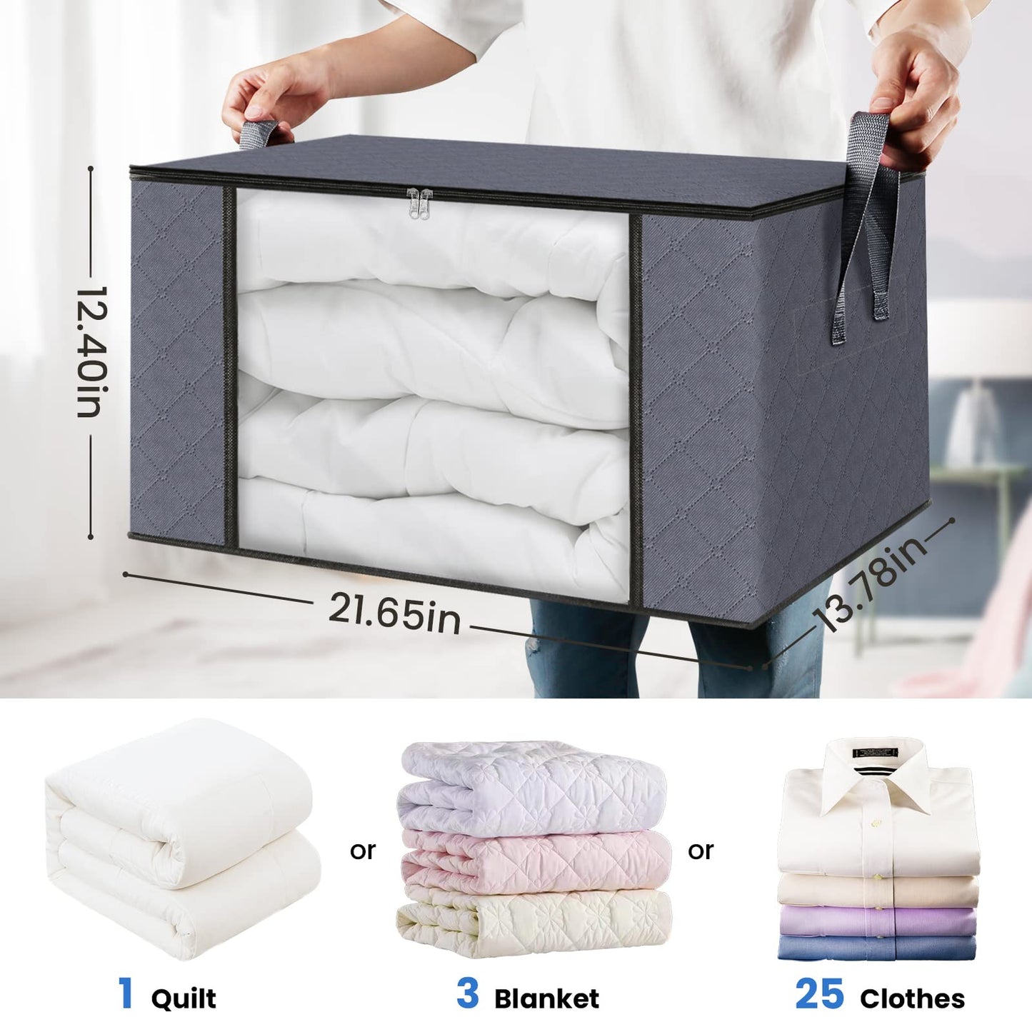 6 Pack Clothes Storage, Foldable Blanket Storage Bags, Storage Containers for Organizing Bedroom, Closet, Clothing, Comforter, Sweater, Organization and Storage with Lids and Handle, Grey