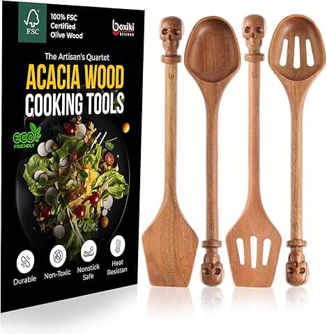 4-Piece Acacia Wood Cooking Utensil Set with Skull Handles