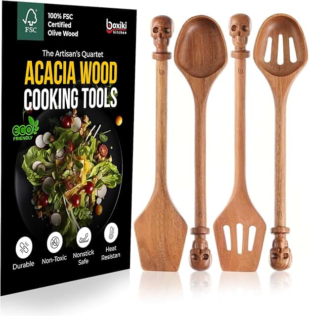 4-Piece Acacia Wood Cooking Utensil Set with Skull Handles