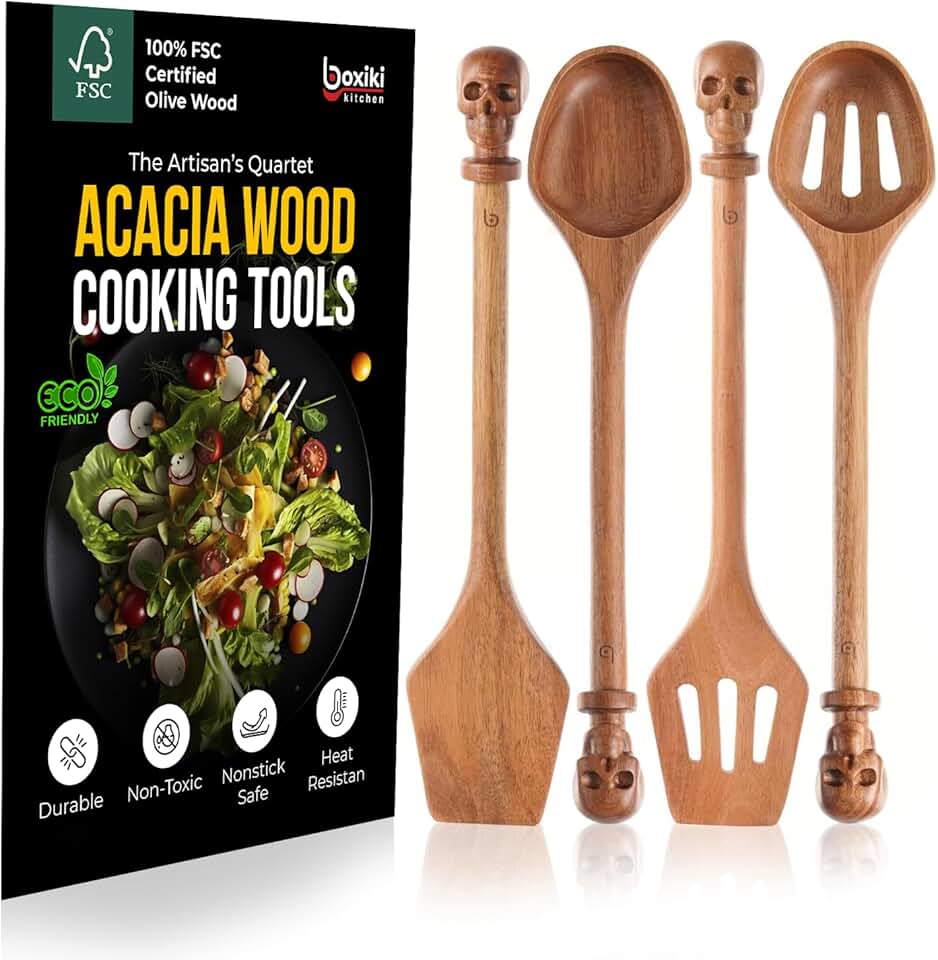 4-Piece Acacia Wood Cooking Utensil Set with Skull Handles