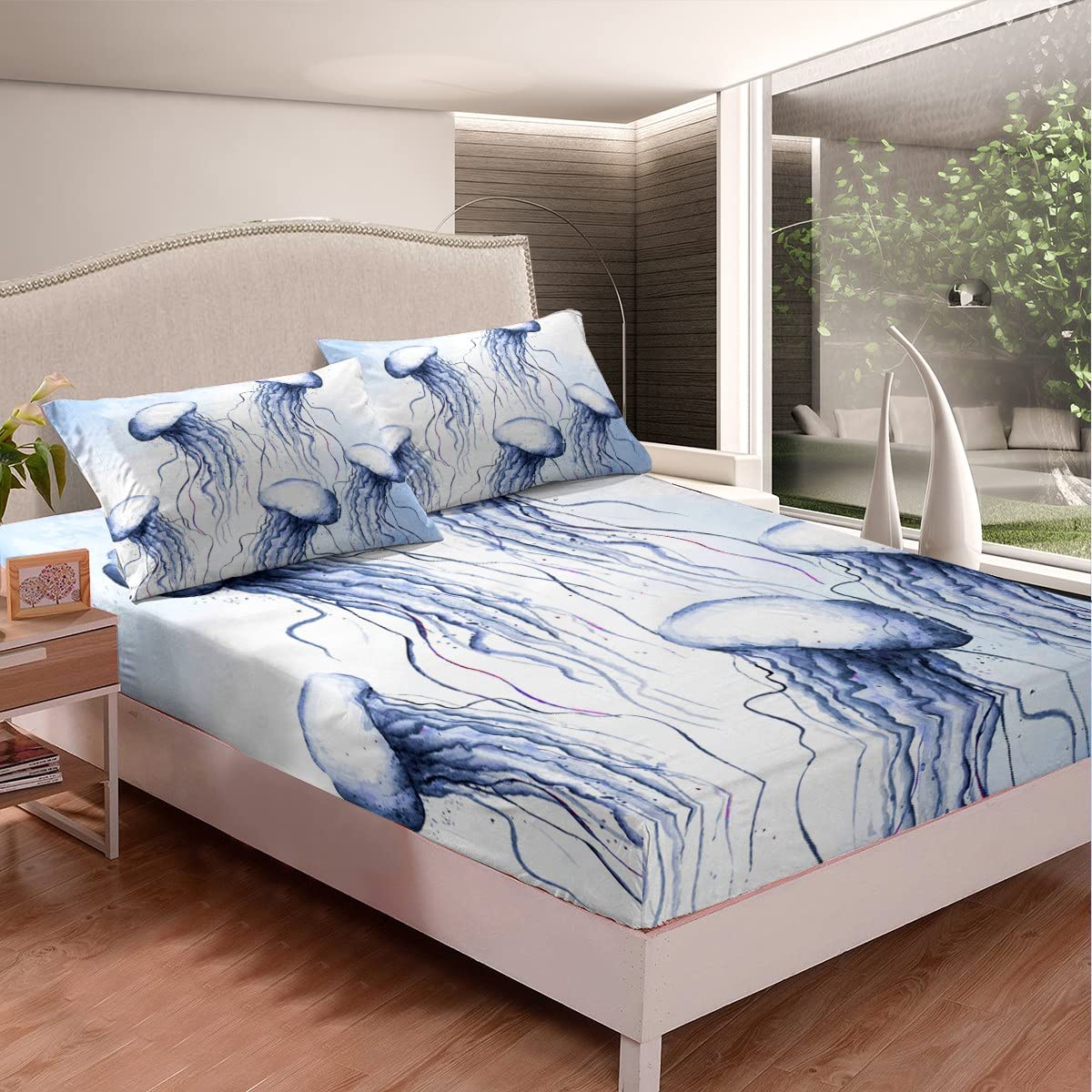 FittedSheet Queen,Ocean l BedSheets for Kids Boys Girls,H aii Beach BeddingSets Teens Cute Sea Animal BeddingDecorSet Aquarium Decor