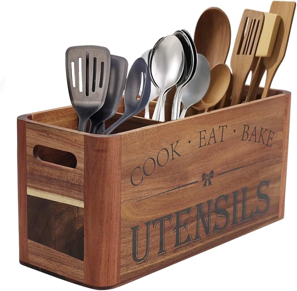 Large Wooden Utensil Holder with Four Compartments