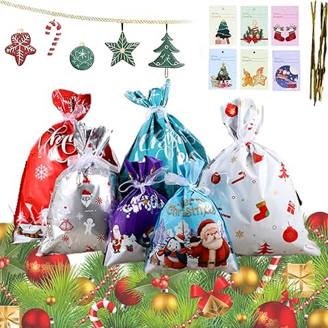 Off-Drawstring Christmas Gift Bags with Greeting Cards