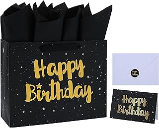 Large Black Gift Bag with Card and Tissue, 13 inches