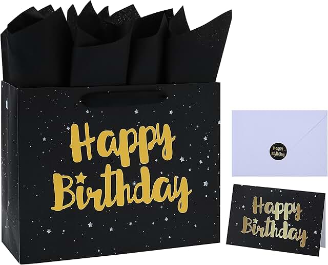 Large Black Gift Bag with Card and Tissue, 13 inches