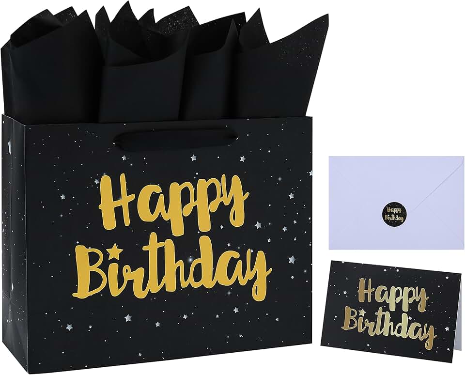 Large Black Gift Bag with Card and Tissue, 13 inches