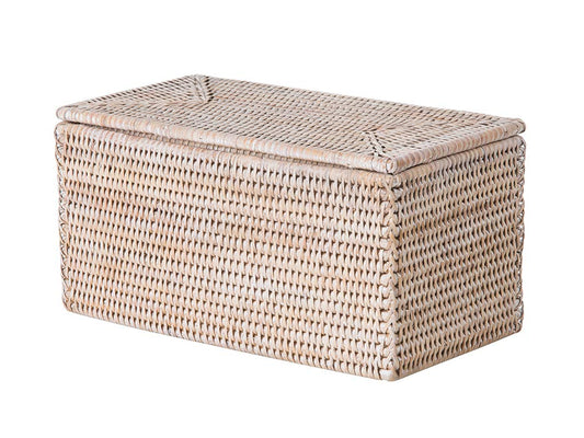 La Jolla Rectangular Rattan Box, White-Wash Tet Roll Storage Basket