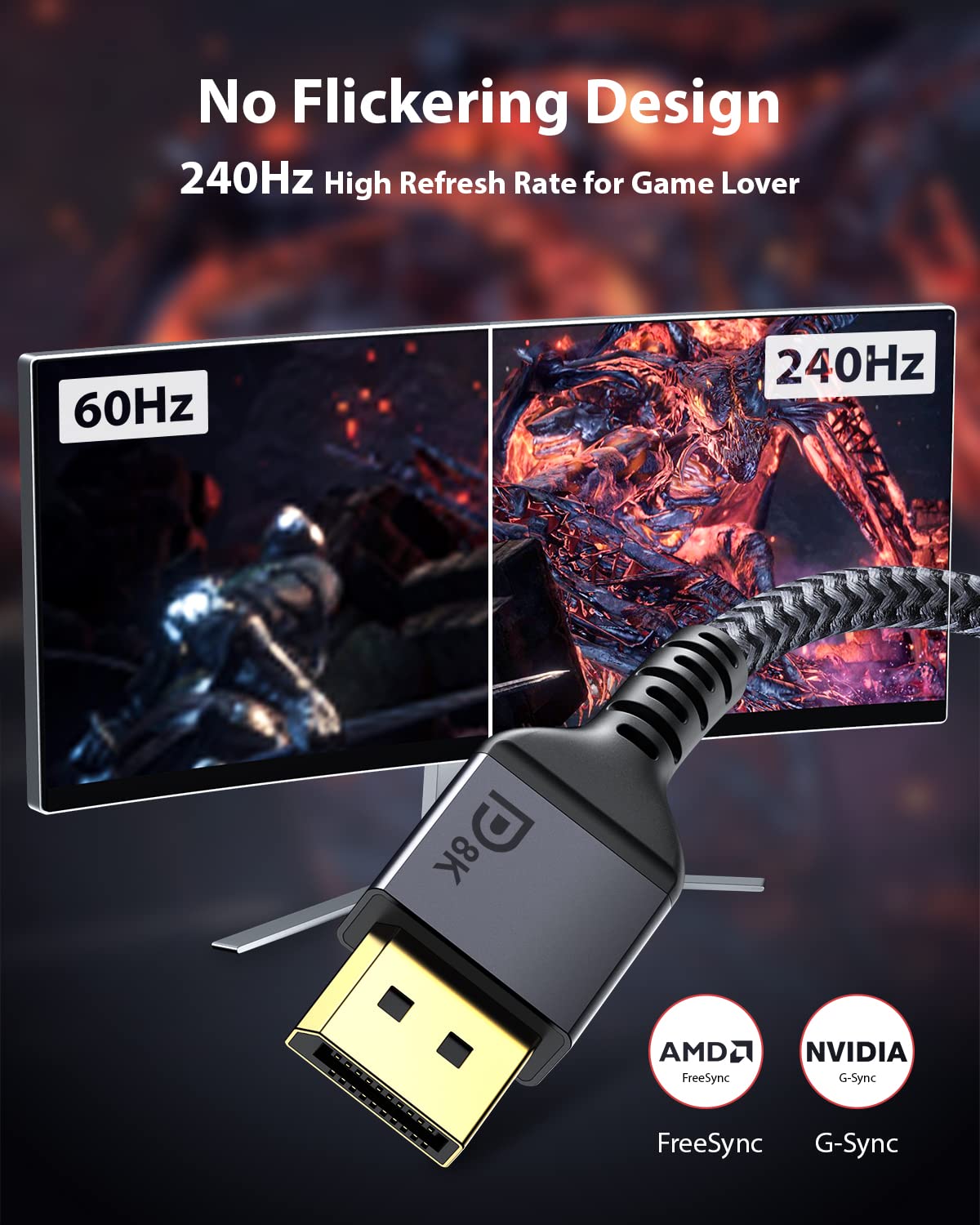 VESA DisplayPort Cable 1.4, 8K 10ft/ 3M DP Cable Cord (8K@60Hz, 4K@144Hz, 1080P@240Hz) Display Port HBR3 32.4Gbps, HDCP 2.2 for Odyssey G9 CHG90, PC, Laptop, TV Gaming Monitor - Grey