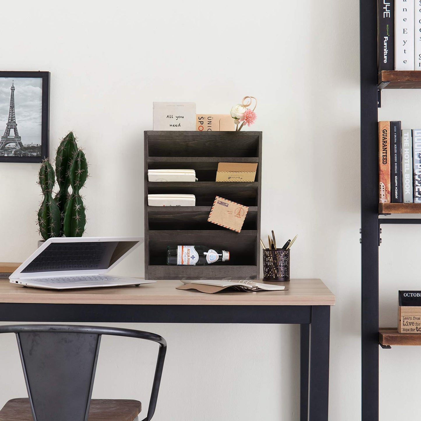 Rustic Wooden 5-Slot Desk and Wall Organizer