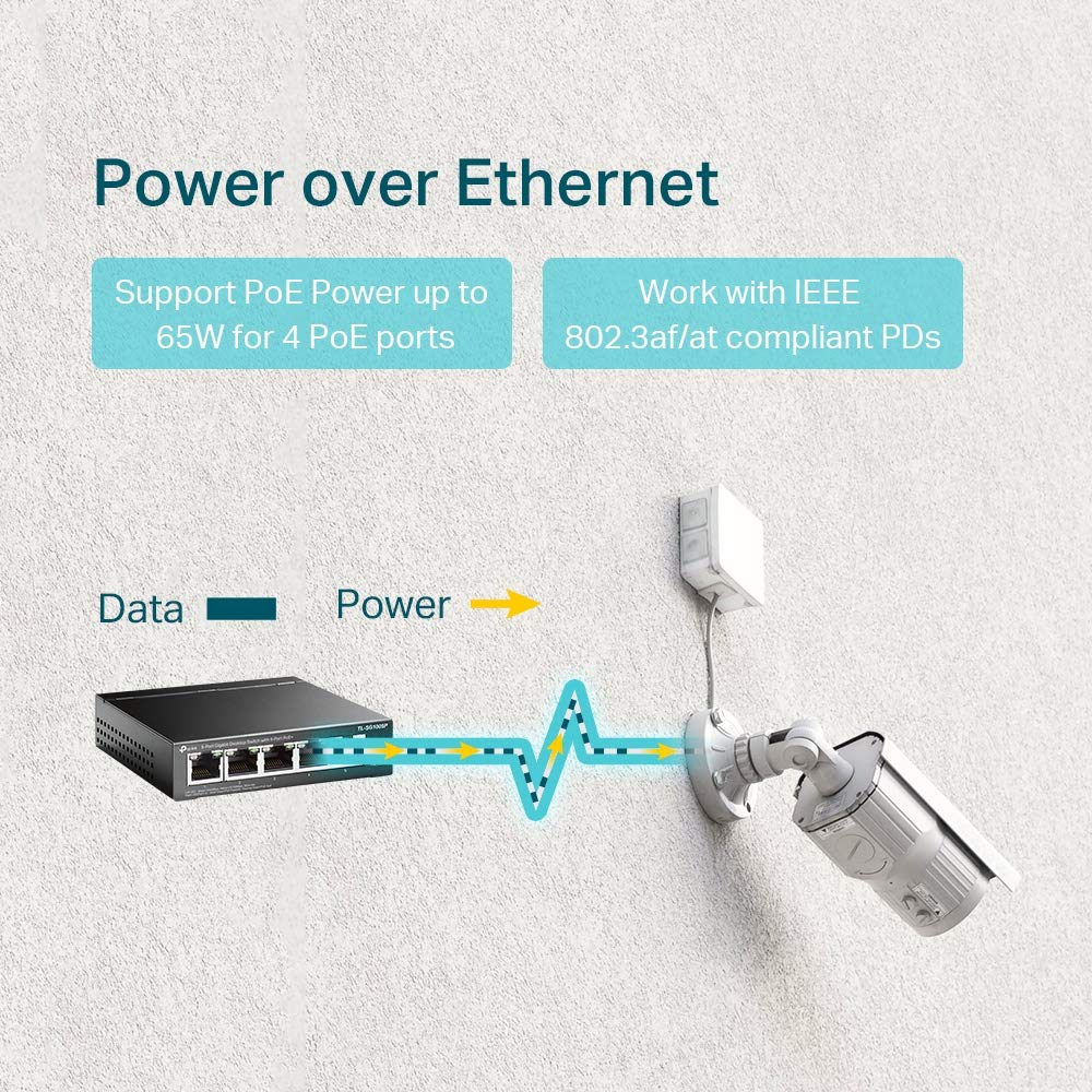 TL-SG1005P V2 or later | 5 Port Gigabit PoE Switch | 4 PoE+ Ports @65W | Desktop | Plug & Play | Sturdy Metal w/ Shielded Ports | Fanless | Limited Lifetime Protection | QoS & IGMP Snooping