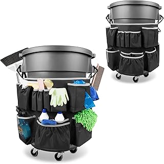Gray trash can caddy with 13 pockets for cleaning supplies