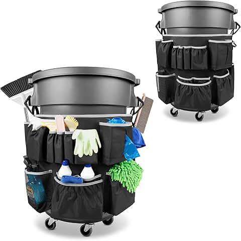 Gray trash can caddy with 13 pockets for cleaning supplies