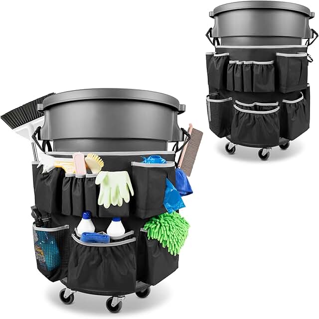 Gray trash can caddy with 13 pockets for cleaning supplies