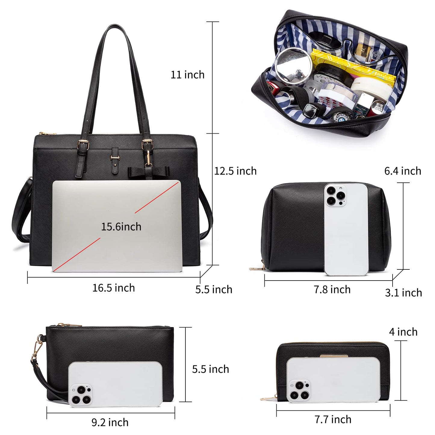Laptop Tote Bag for Women Large Waterproof PU Leather Work Laptop Briefcase with Built-in USB Charging Port Computer Shoulder Bags Messenger Fits 15.6 Inch, Business Handbag Purse 4pcs Set Black