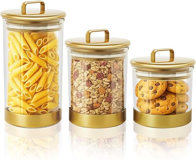 Set of 3 clear storage jars with gold lids