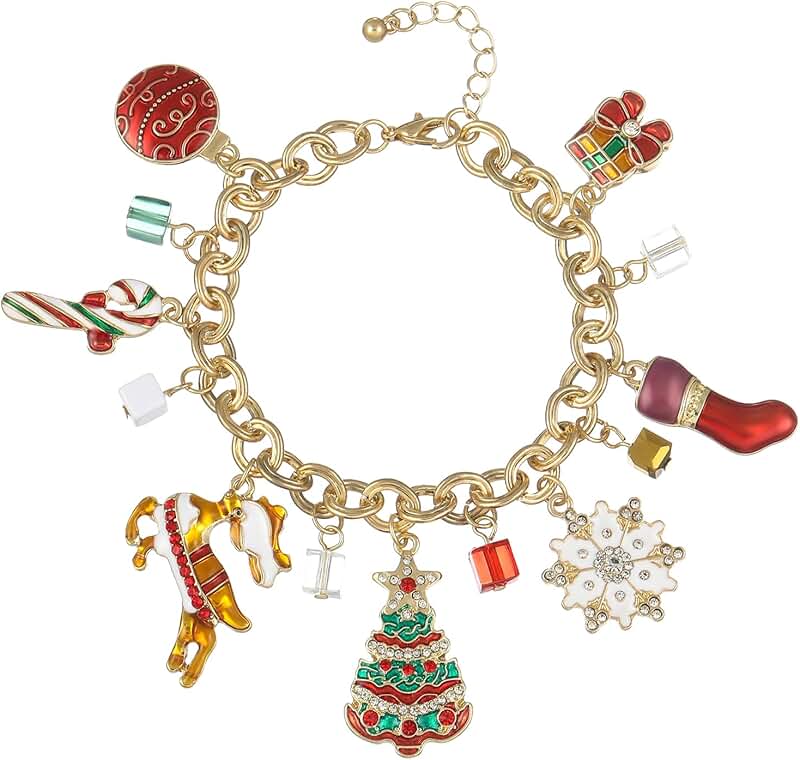 Christmas Charm Bracelet with Tree Candy Cane Snowflake and Balls