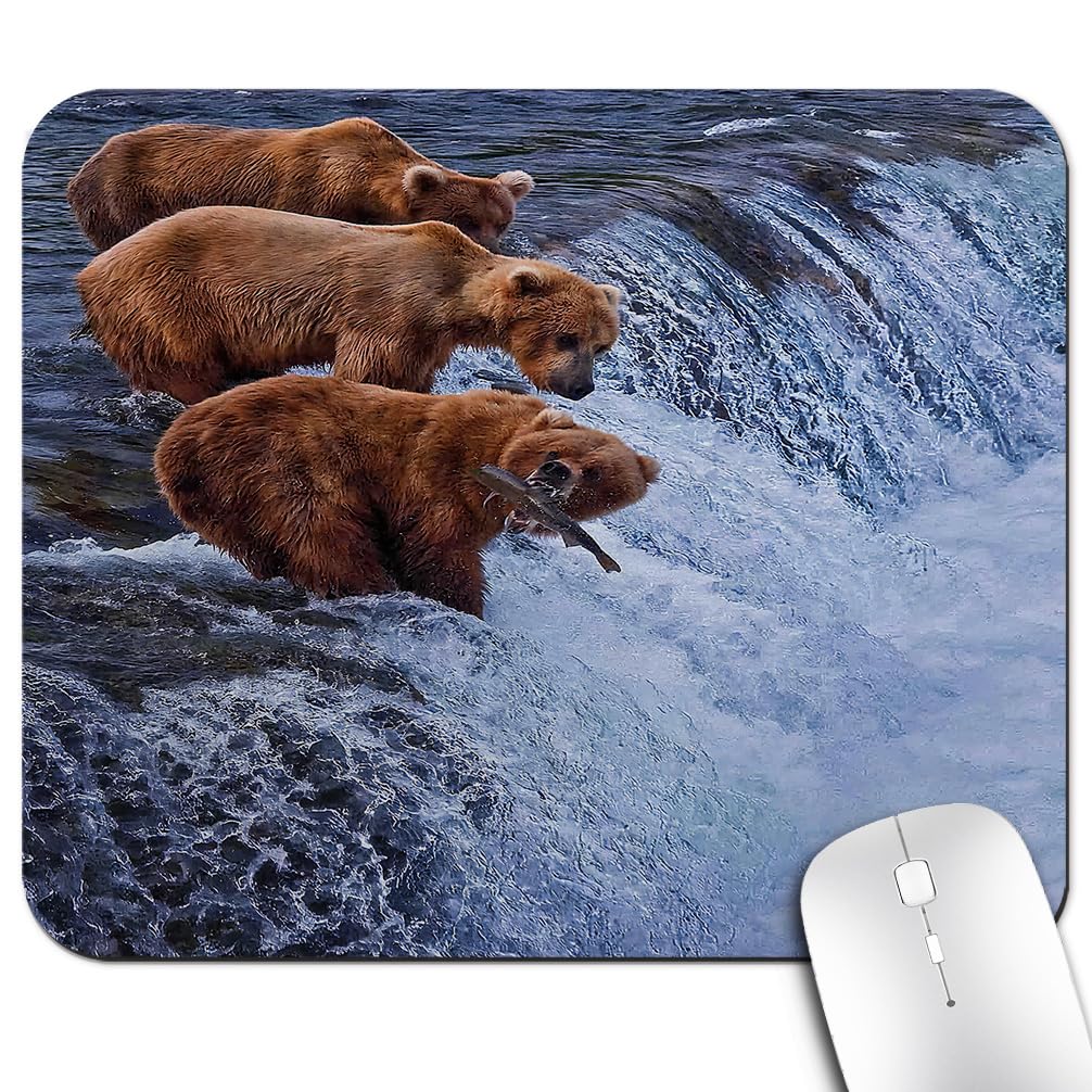 Bear and salmon scene desk mouse pad, 9.5"x7.9"