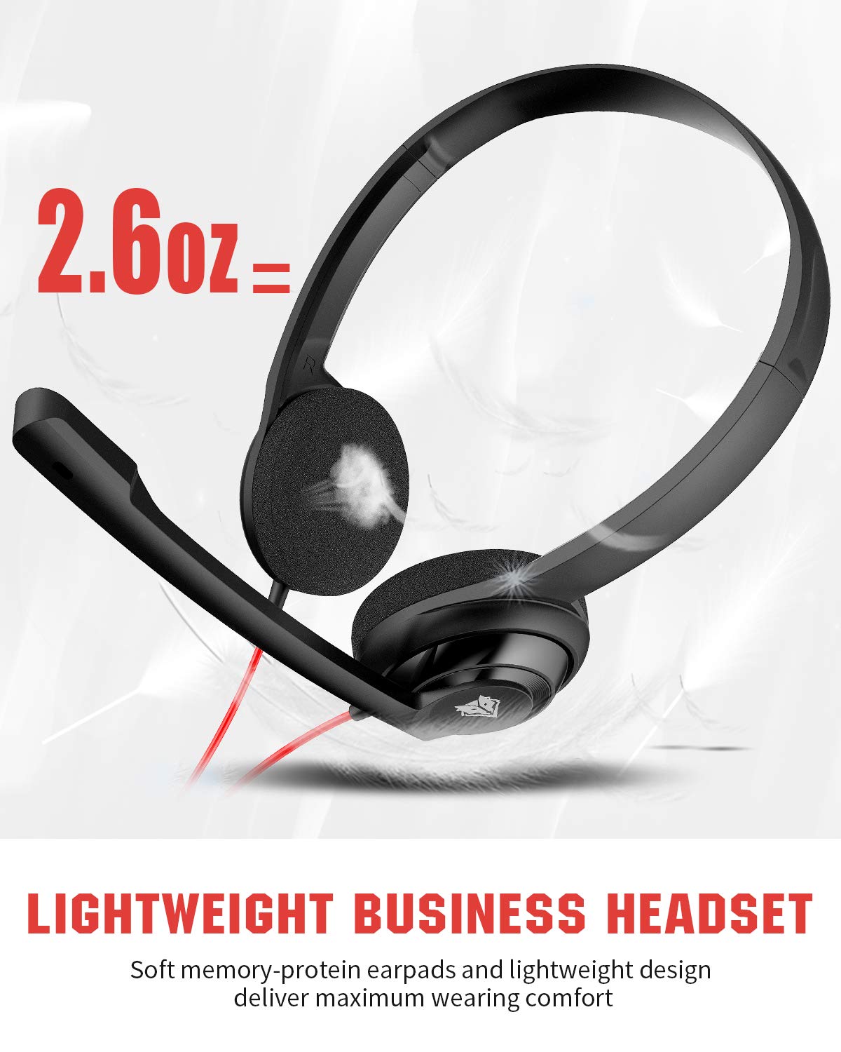 USB Headset with Microphone for Laptop PC, headphones with Noise Cancelling Microphone for Computer, On-Ear Wired Office Call Center Headset for Boom Skype Webinars, In-line Control, Lightweight