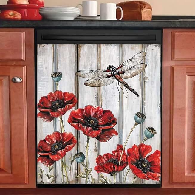 Dragonfly and Poppy Flower Kitchen Magnet Cover