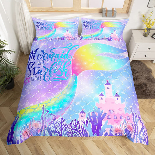 Mermaid Fish Tail Duvet Cover Queen Size,Rainbow Watercolor Mermaid Scale Bedding Set 3pcs for Kids Girls Home Room Decor,Fantasy Coral Comforter Cover Sea Life Quilt Cover,2 Pillowcases