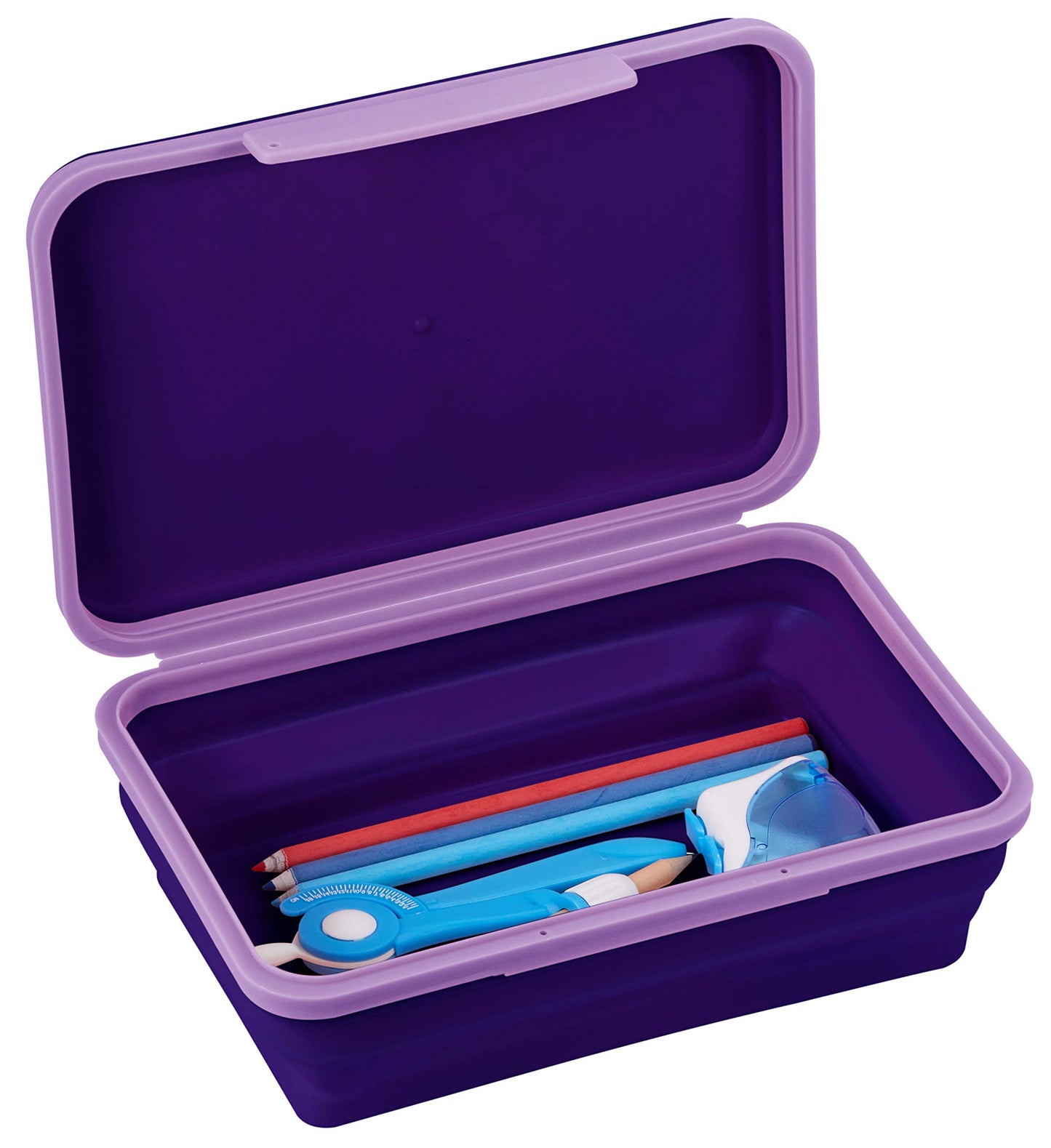 Flexible purple storage box for pencils and supplies