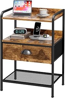 Rustic Brown Night Stand with Fabric Drawer and Metal Frame