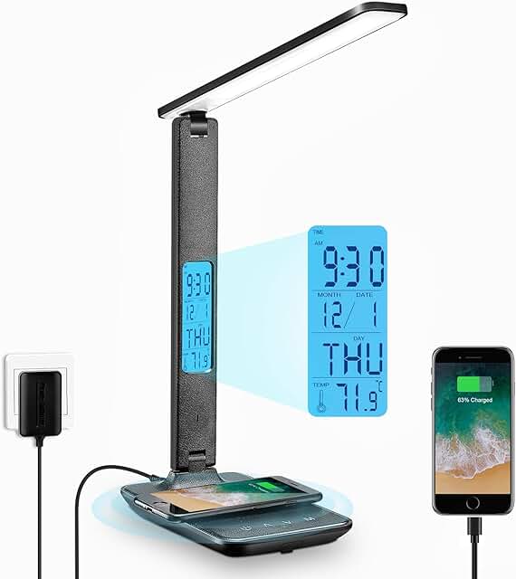 Desk Lamp with Wireless Charger, USB Port, and Clock