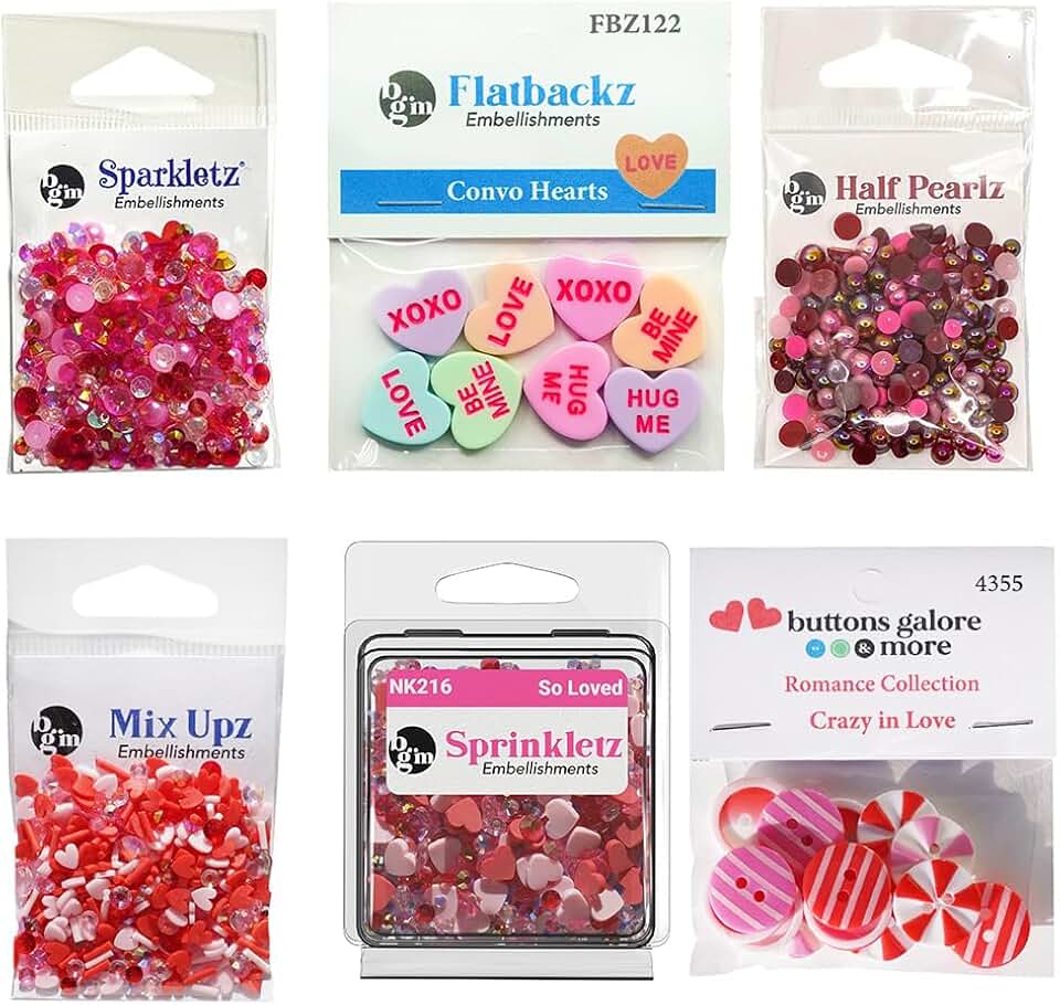 Valentine's Day Craft Embellishment Bundle with Buttons and Pearls