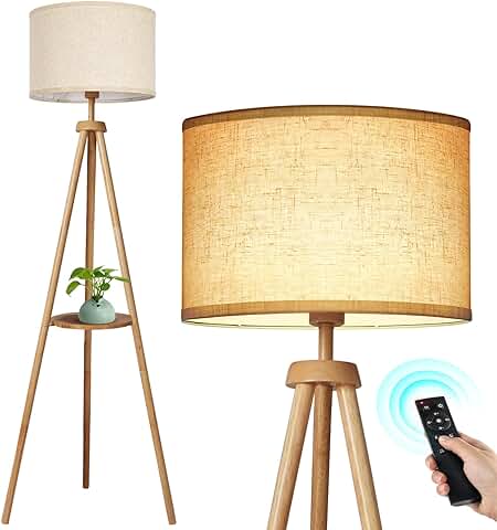 Wood Tripod Floor Lamp with Shelves and Remote