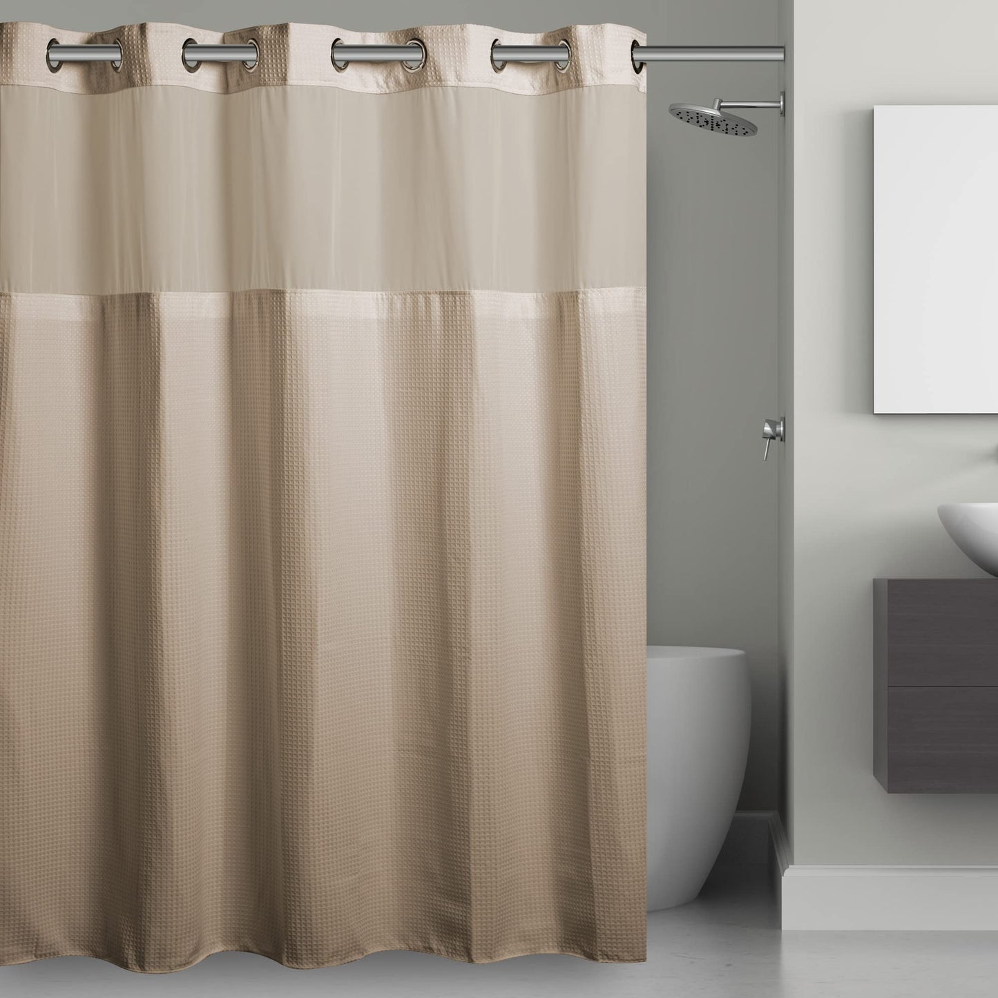 Waffle Fabric Shower Curtain Set with Fabric Snap-in Liner, No Hooks Required, Machine Wash, Stall Size Measures 54" x 80", Taupe Color