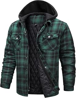 Long Sleeve Plaid Flannel Jacket with Hood and Quilt Lining