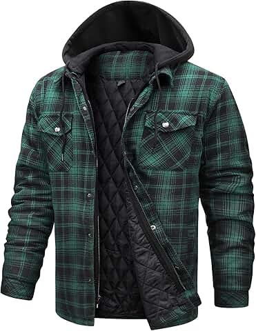 Long Sleeve Plaid Flannel Jacket with Hood and Quilt Lining