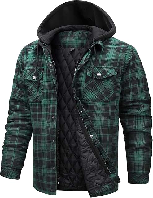 Long Sleeve Plaid Flannel Jacket with Hood and Quilt Lining