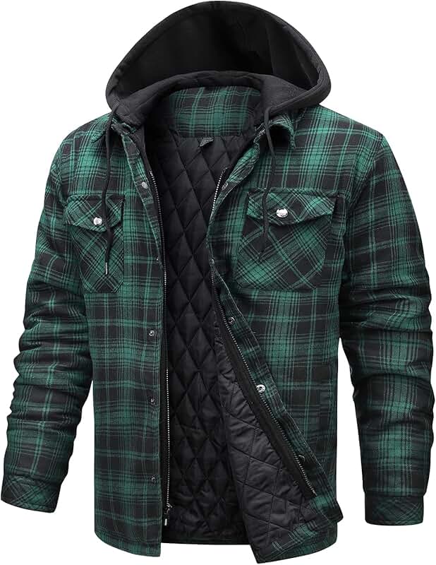Long Sleeve Plaid Flannel Jacket with Hood and Quilt Lining