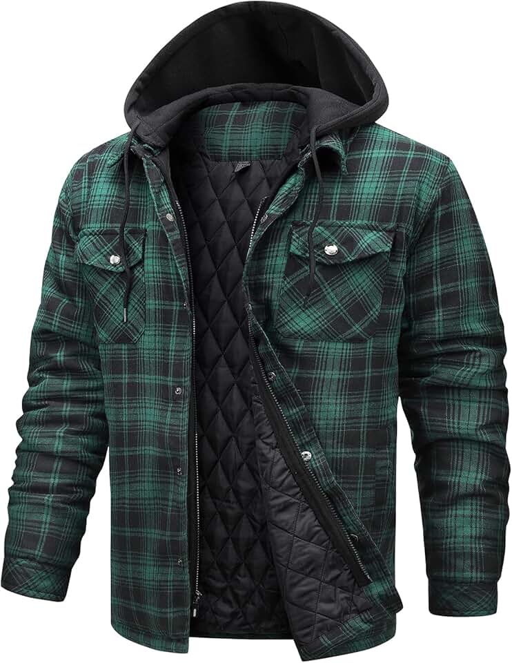 Long Sleeve Plaid Flannel Jacket with Hood and Quilt Lining