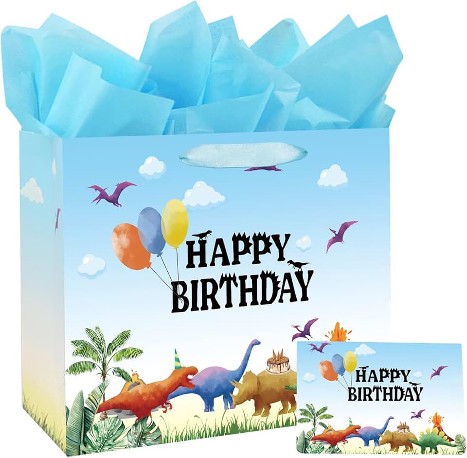 Large 13-inch Dinosaur Watercolor Gift Bag for Boys