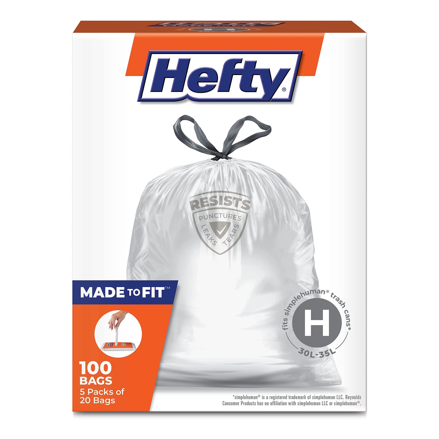 Made to Fit Trash Bags, Fits Size H 9 lons), 100 Count 5 Pouches of 20 Bags Each)