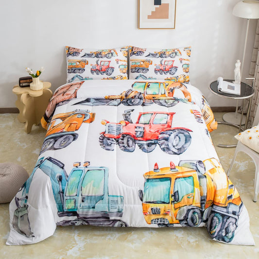 Kids Excavator Comforter Set Twin Size, Retro Truck Down Comforter for Boys Girls Teens, Tractor Machinery Construction Vehicle Bedding Set Crane Digger Mixer Quilted Duvet Bedroom Decor