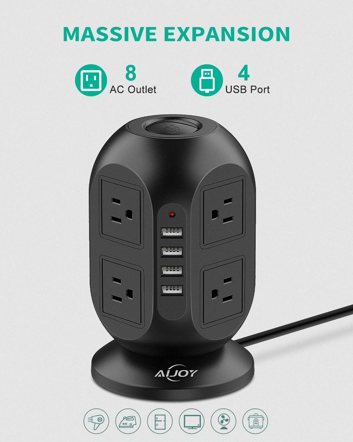 Power Strip Tower with USB Ports, Surge Protector 8 AC Outlets with 4 USB Ports, Fast Charging Station with Extension Cord 10FT, Circuit Breaker Safeguard for Home, Office & Dorm Room