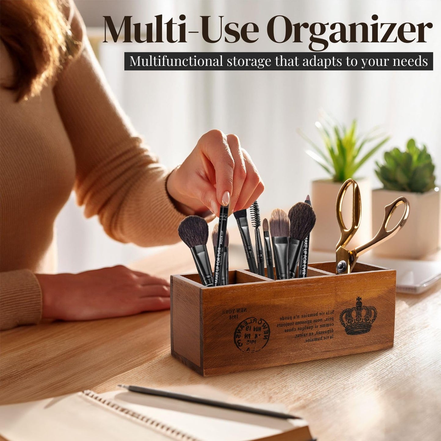 Rustic Wooden Pencil Holder with 3 Compartments