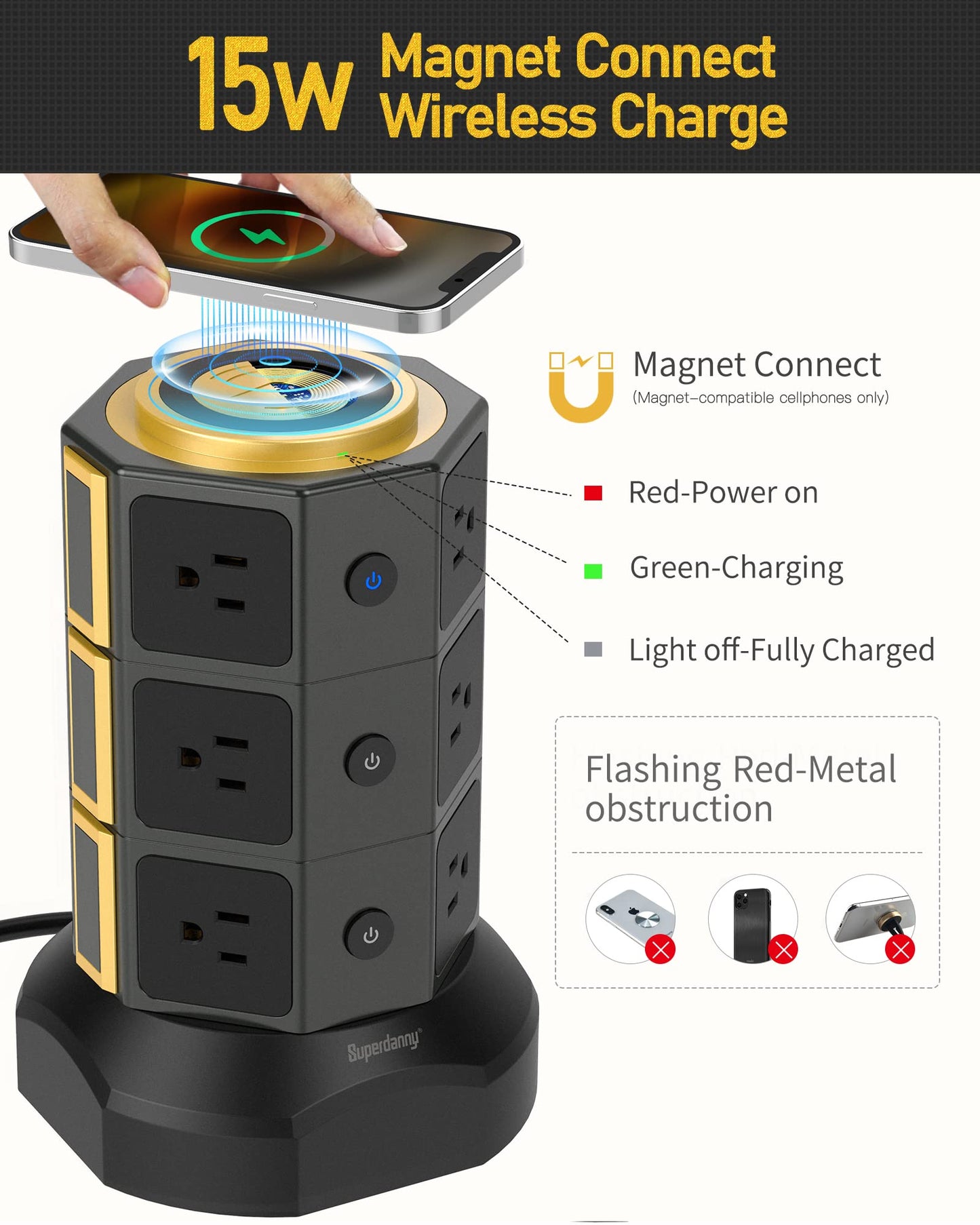 Power Strip Tower, Surge Protector Tower with 15W Magnetic Wireless Charger, 1050J, 13A Charging Station with 12 AC Outlets & 6 USB Ports, 6.5ft Extension Cord for Home Office, Gold