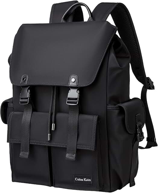 Black 16-inch laptop backpack with waterproof tech compartment