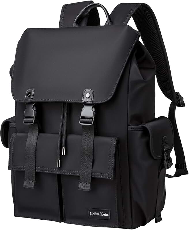 Black 16-inch laptop backpack with waterproof tech compartment