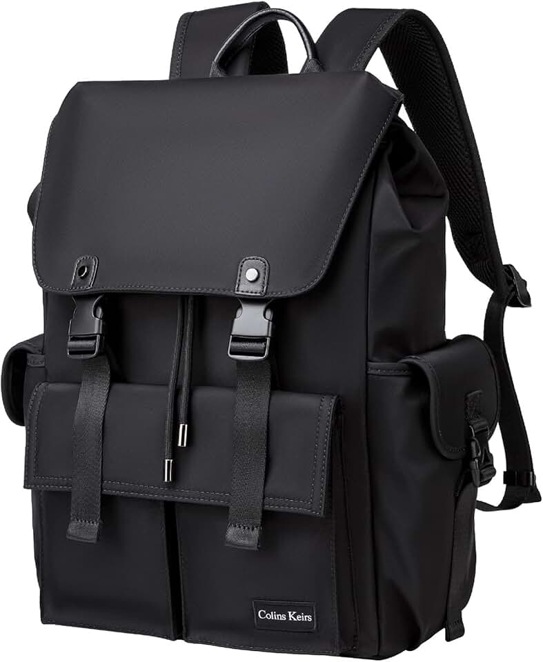 Black 16-inch laptop backpack with waterproof tech compartment