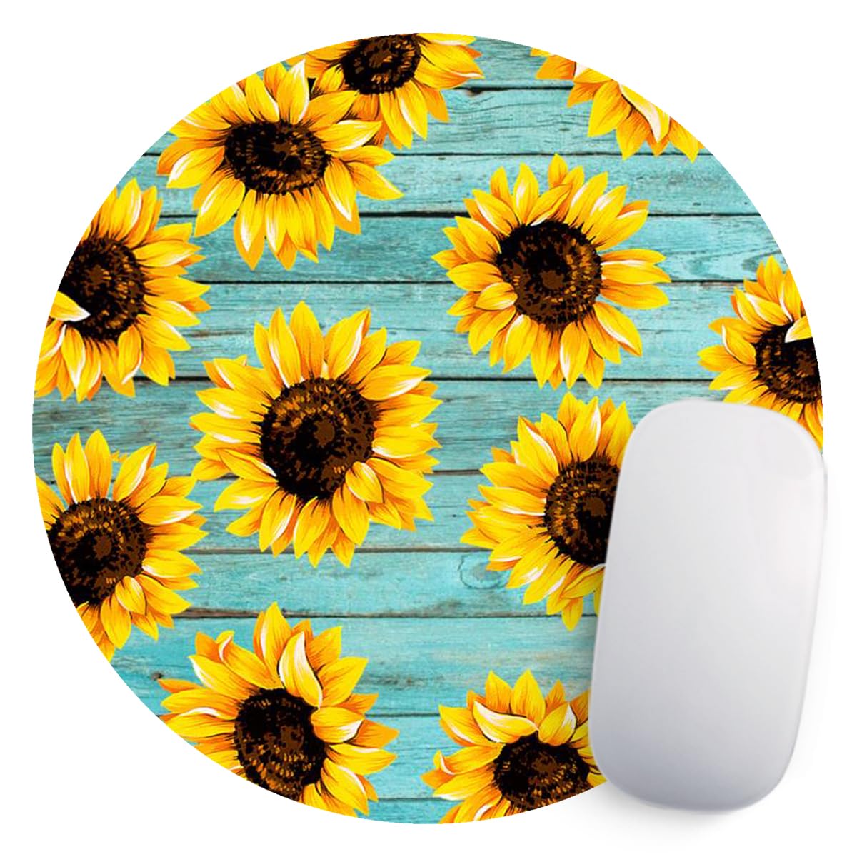 Round Teal Wooden Non-Slip Sunflower Mouse Pad