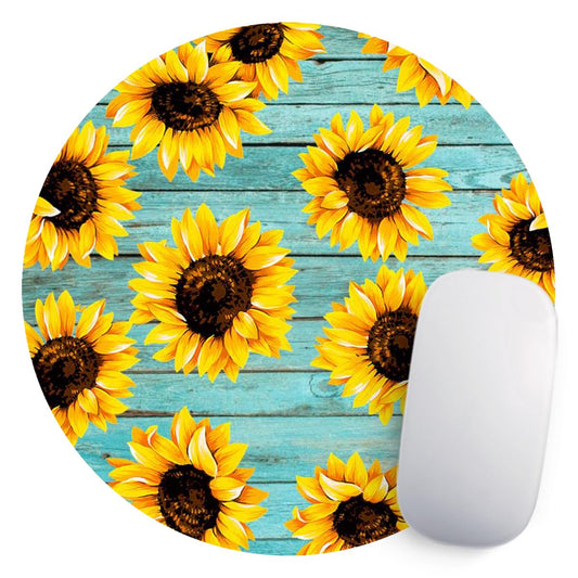 Round Teal Wooden Non-Slip Sunflower Mouse Pad